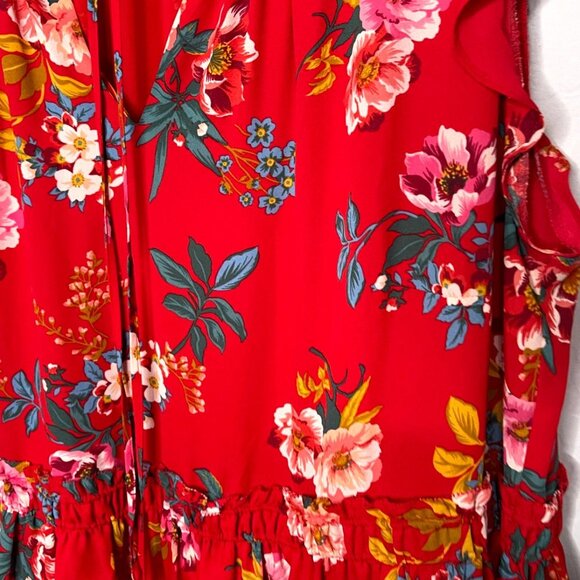 LOFT Red Floral Smocked Swing Tie Neck Dress 18 - Picture 9 of 10